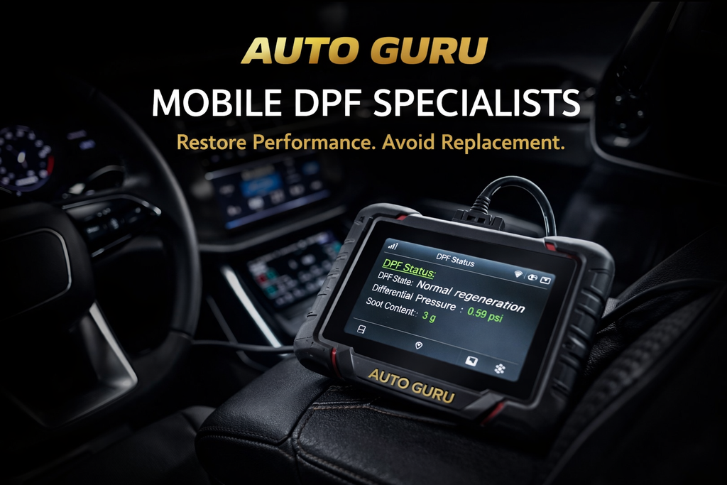 Auto Guru diagnostic tool in a car interior with brand text overlay.